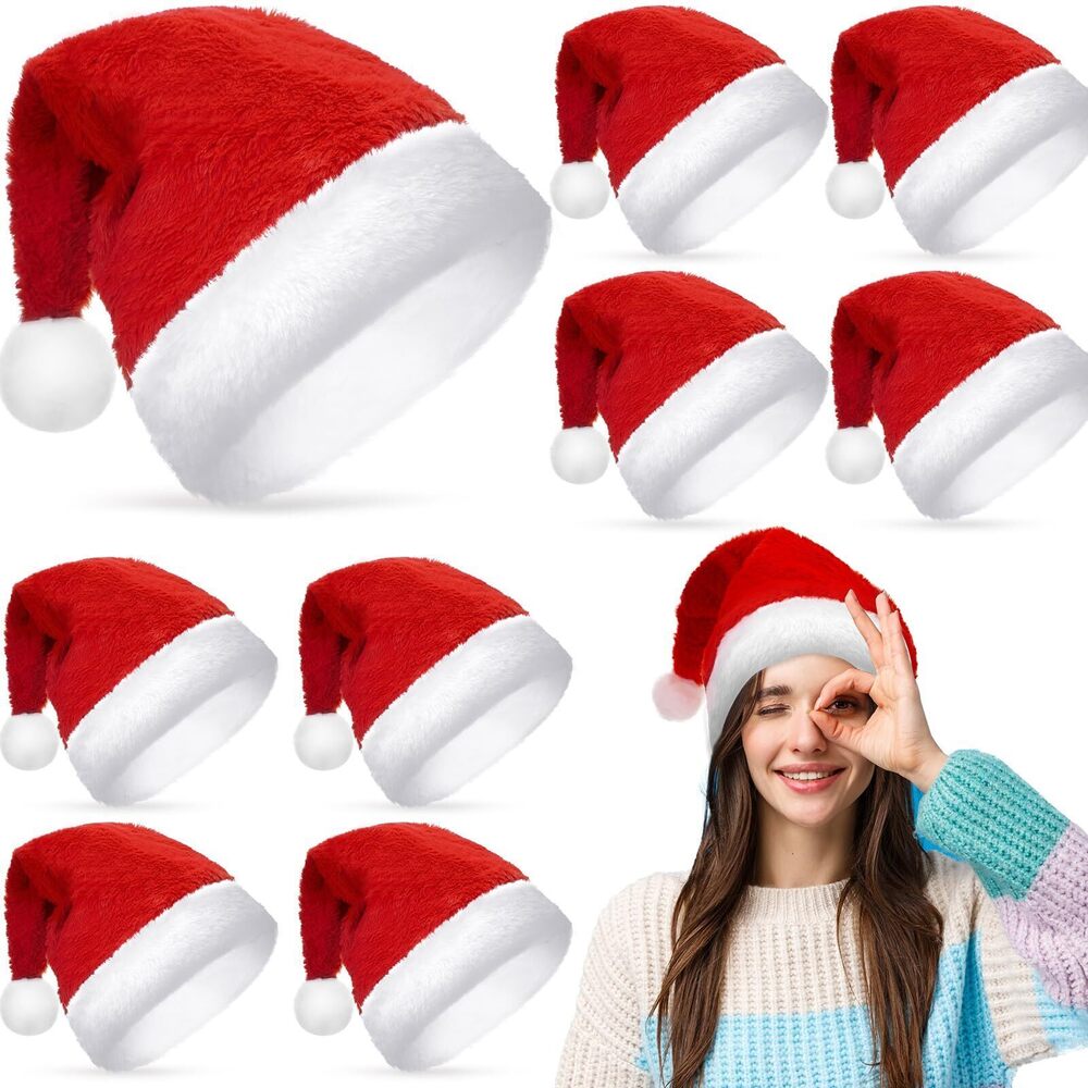 2808 10 Pcs Santa Hat Christmas Plush Hat Large Traditional Holiday Claus